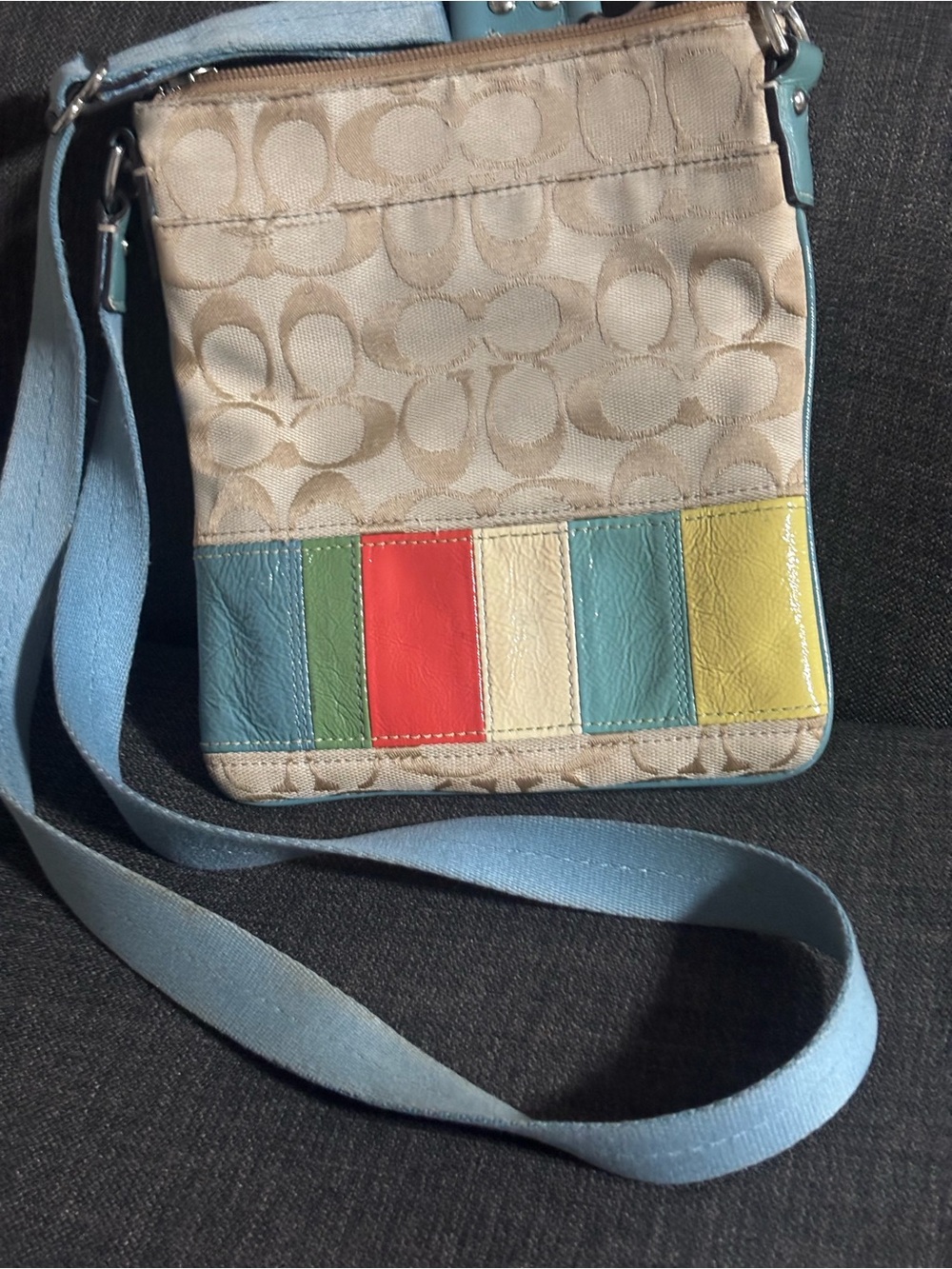 Vintage Coach patchwork Multicolor Signature Crossbody Bag with Blue Strap